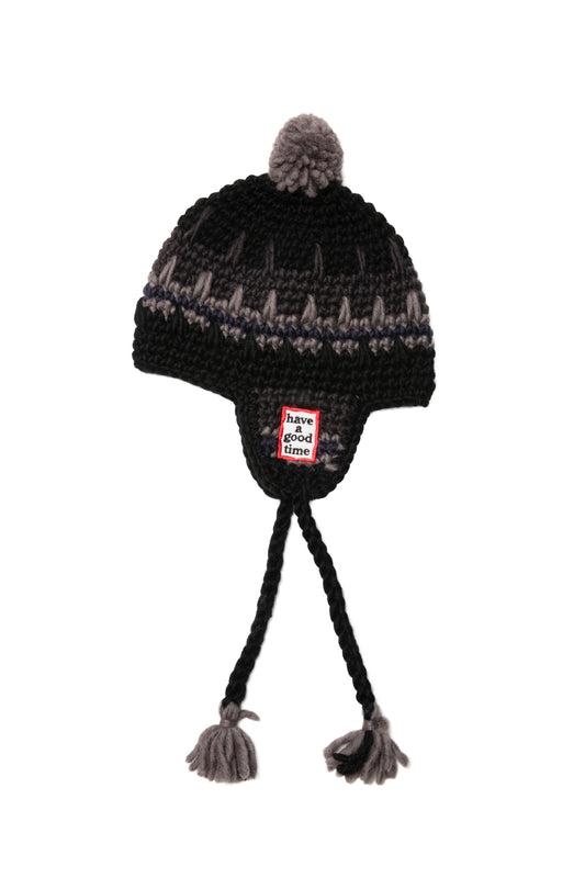 FRAME EMB HAND-KNIT EAR FLAP BEANIE BLACK