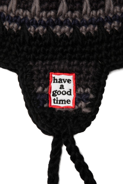 FRAME EMB HAND-KNIT EAR FLAP BEANIE BLACK