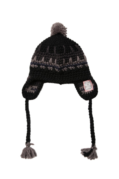 FRAME EMB HAND-KNIT EAR FLAP BEANIE BLACK