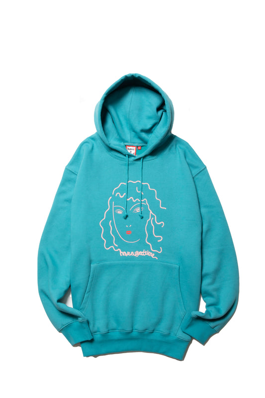 GIRL DRAWING PULLOVER HOODIE FL TURQUOISE